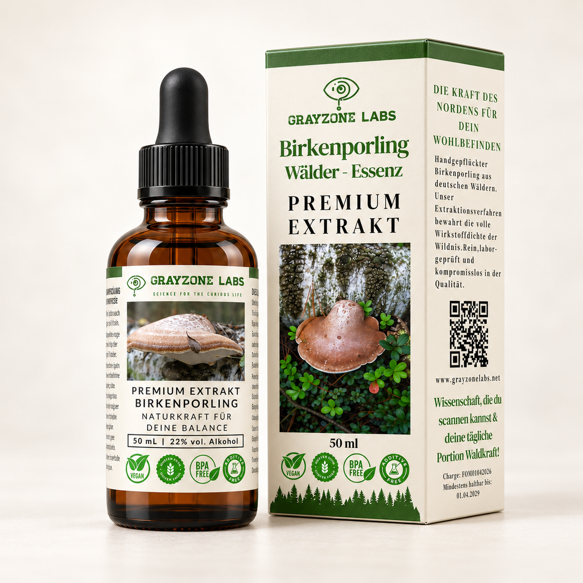 Birkenporling Tinktur 50 ml von GrayZone Labs: Braunglas-Tropfflasche mit Pipette neben der Faltschachtel