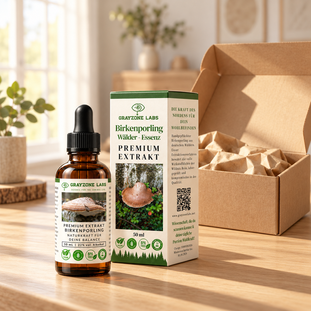 Birkenporling Tinktur 50 ml von GrayZone Labs: Braunglas-Tropfflasche mit Faltschachtel, daneben ein geöffneter Versandkarton