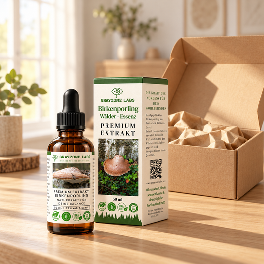 Birkenporling Tinktur 50 ml von GrayZone Labs: Braunglas-Tropfflasche mit Faltschachtel, daneben ein geöffneter Versandkarton