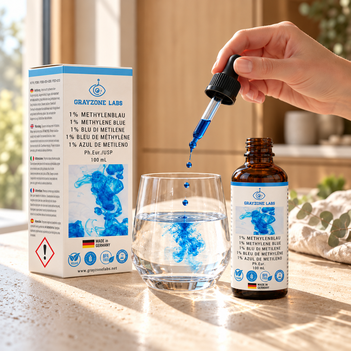 Methylenblau-Lösung 1 % 100 ml mit Pipette, Laborchemikalie