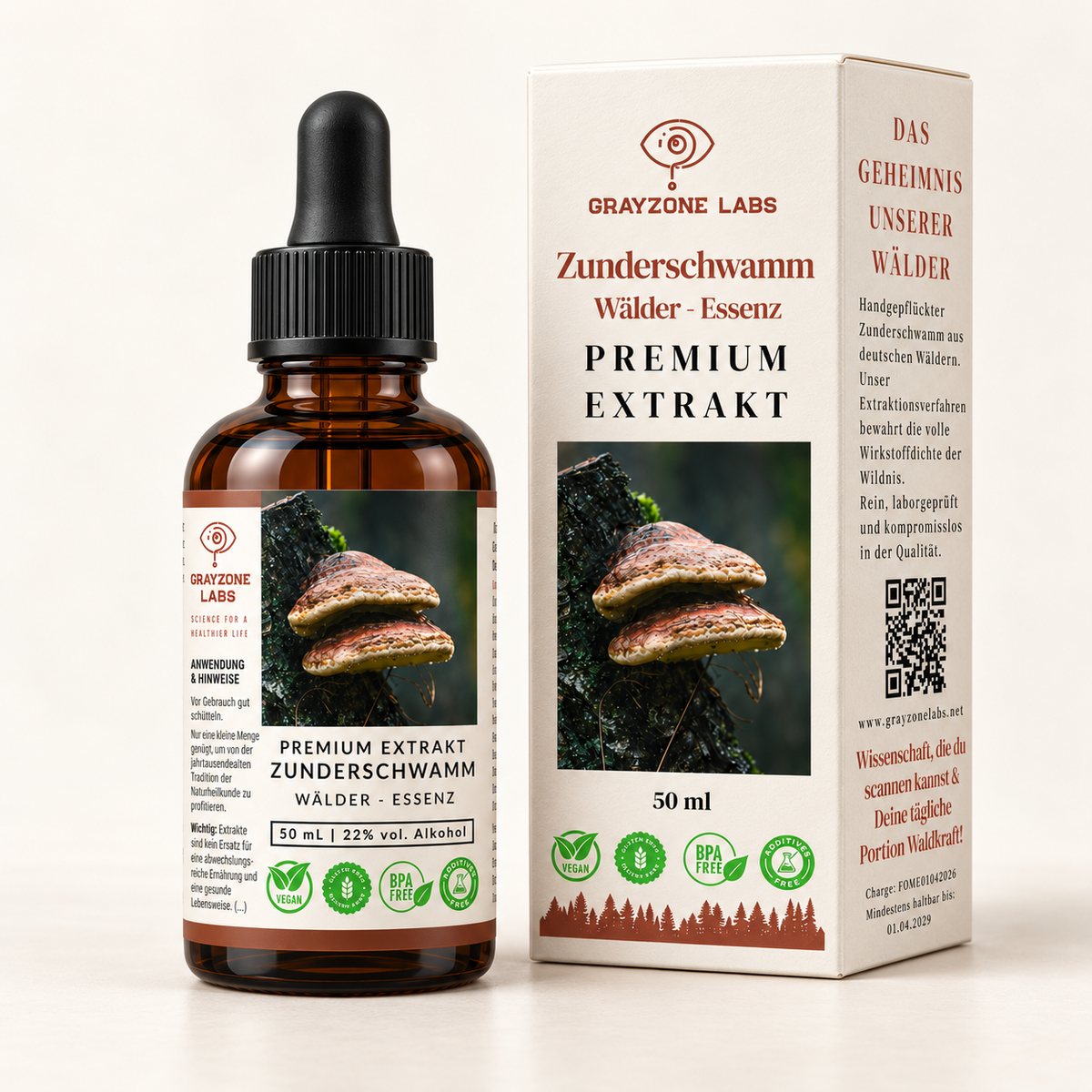 Zunderschwamm Extrakt (Fomes fomentarius) Flasche und Faltschachtel