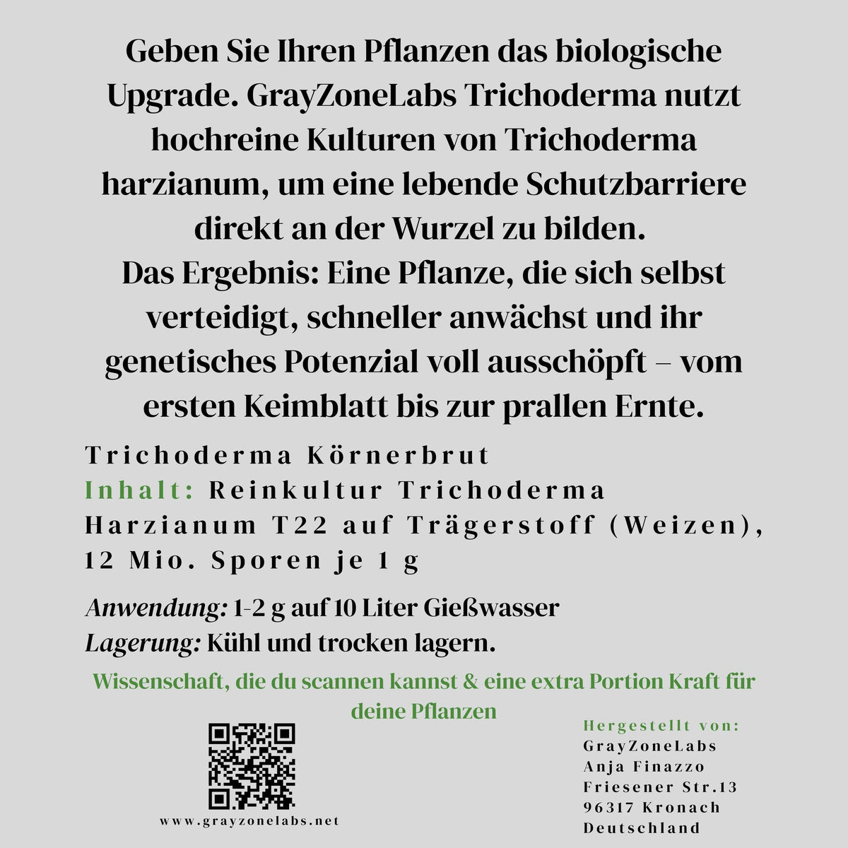 Produktbeschreibung für Trichoderma Körnerbrut, Trichoderma harzianum, Kulturen für Pflanzenwachstum, Anwendung und Lagerung, deutscher Text auf hellgrauem Hintergrund.