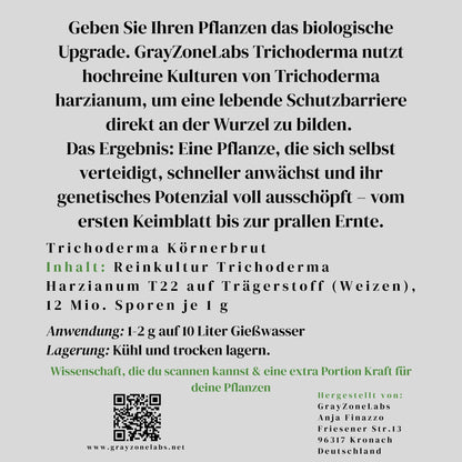 Produktbeschreibung für Trichoderma Körnerbrut, Trichoderma harzianum, Kulturen für Pflanzenwachstum, Anwendung und Lagerung, deutscher Text auf hellgrauem Hintergrund.
